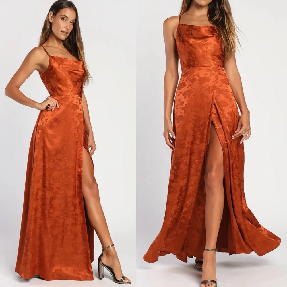Lulus Simply Dreamy Rust Orange Satin Floral Jacquard Maxi Dress Cowl Gown